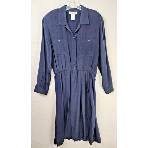 Talbots 100% Silk Navy Shirt Dress Size 10 Collared Button Front Pocket Pleated - Picture 1 of 10